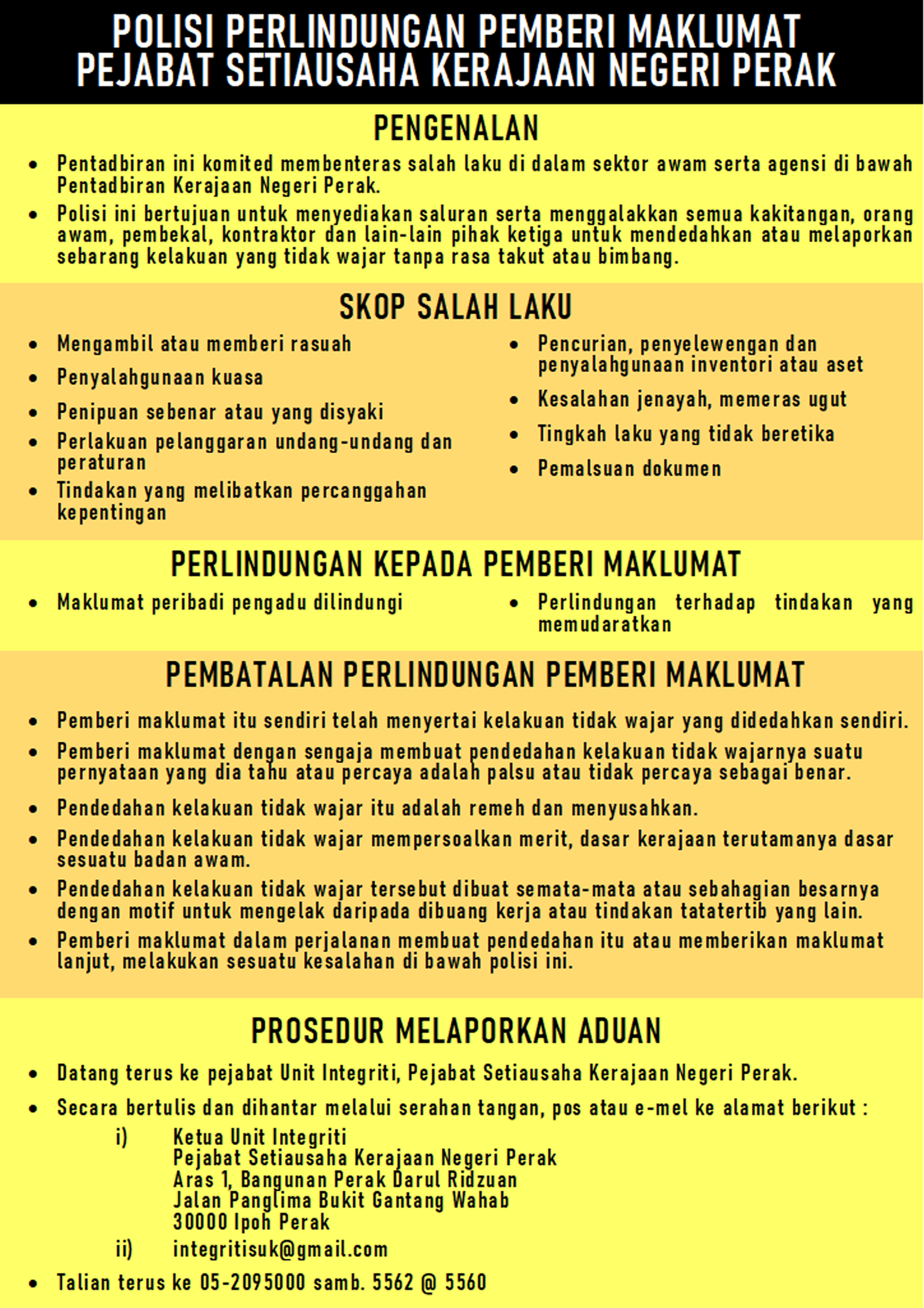 Polisi Perlindungan Pemberi Maklumat, Pejabat Setiausaha Kerajaan Negeri Perak